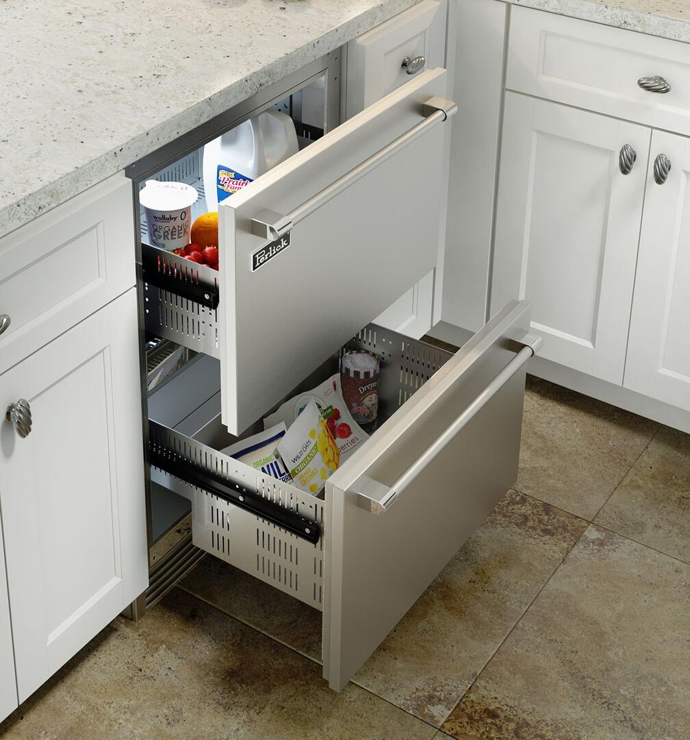 Opened freezer drawer with pull handles holding packaged food