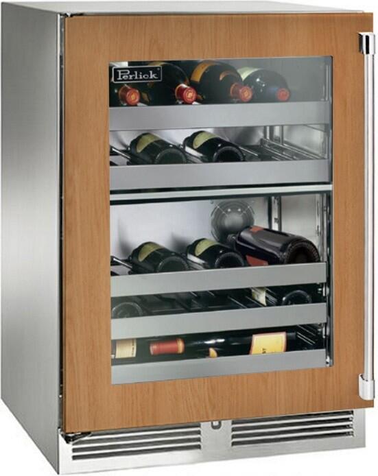 Built-in wine cooler with wood panel door and clear glass, showing dual racks and bottles