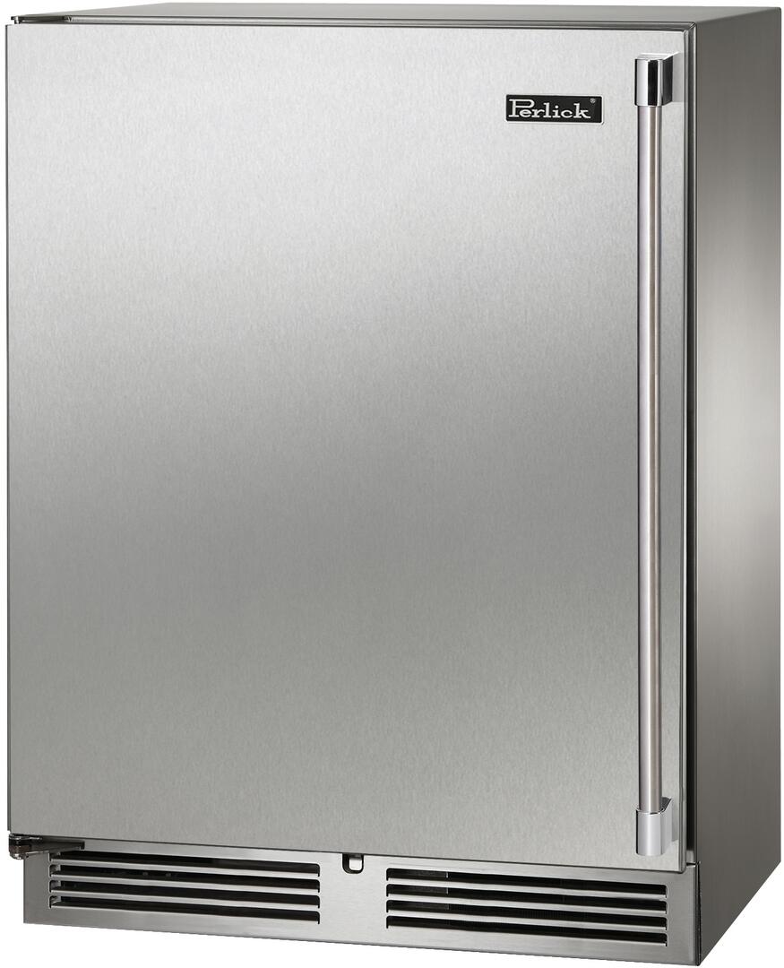 Stainless steel Perlick wine cooler with right-side vertical handle and ventilation grilles