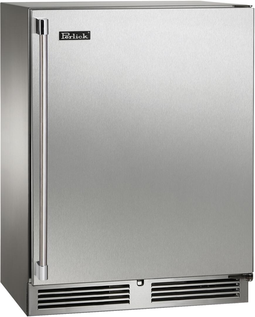 Stainless steel Perlick wine cooler with left-side vertical handle and bottom ventilation grilles