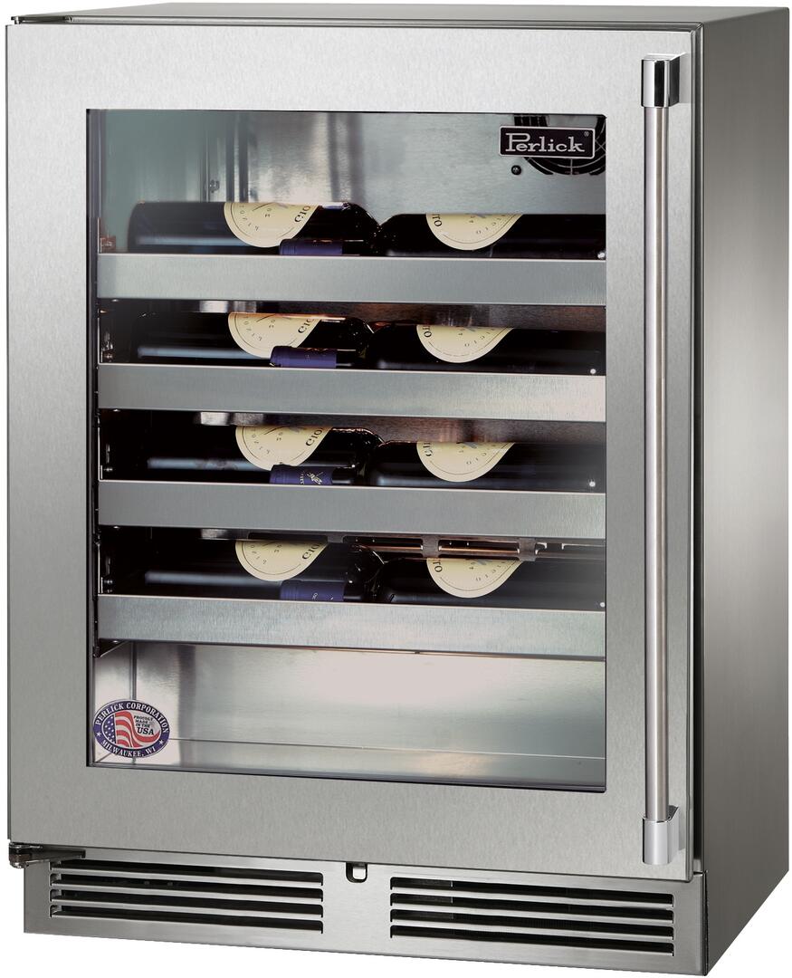Built-in stainless steel wine cooler with glass door and interior wine racks, Perlick