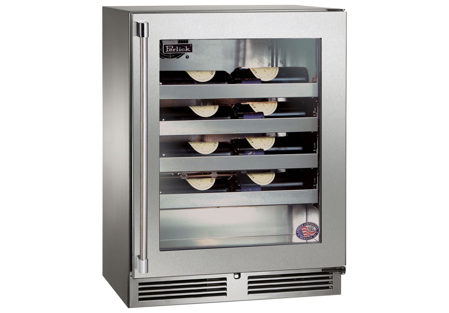 Perlick built-in stainless wine cooler with glass door and six rows of wine storage