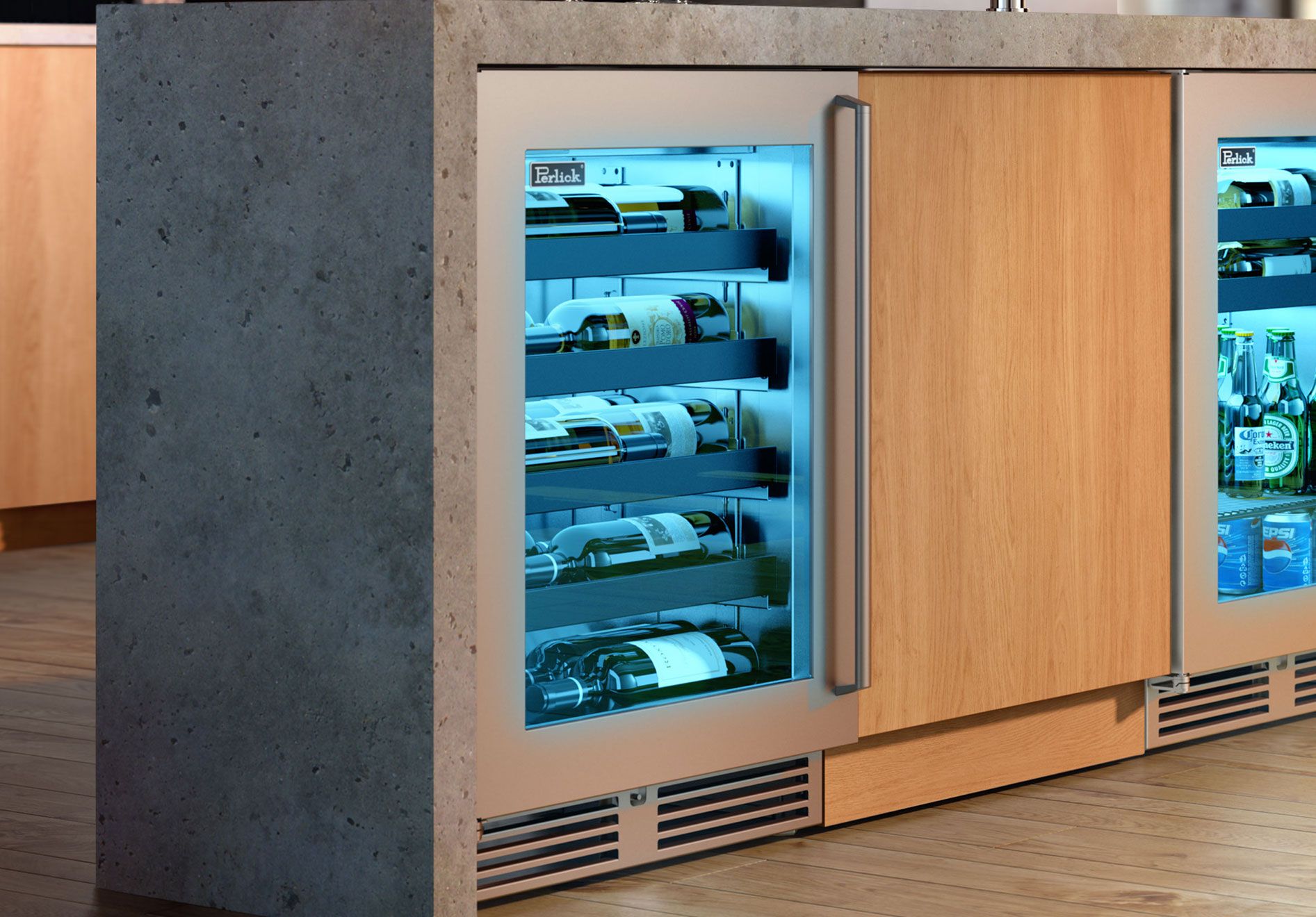 Integrated wine cooler in cabinetry with glass door and illuminated interior wine racks