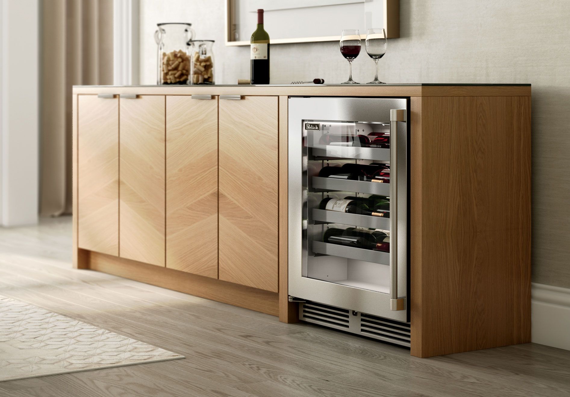 Built-in wine cooler with glass door, stainless frame, and ventilated bottom grilles