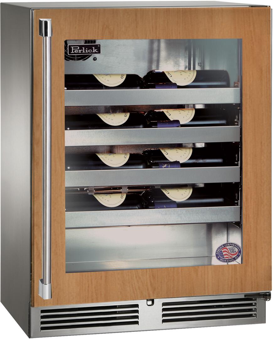 Built-in single-zone wine cooler with smoked glass door and left-side handle, wood panel trim