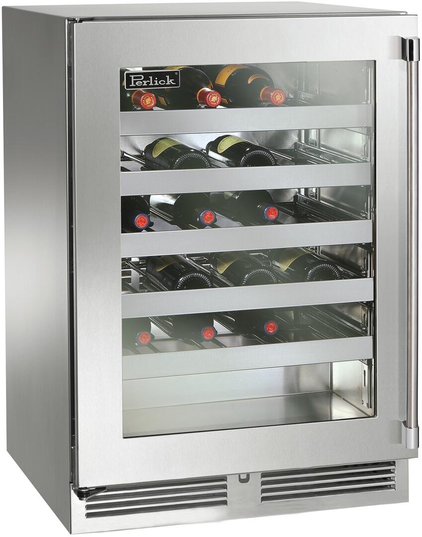 Perlick stainless wine cooler with glass door showing wine bottle racks and bottom vent