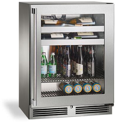 Stainless steel beverage center with glass door, bottles and cans on interior shelves