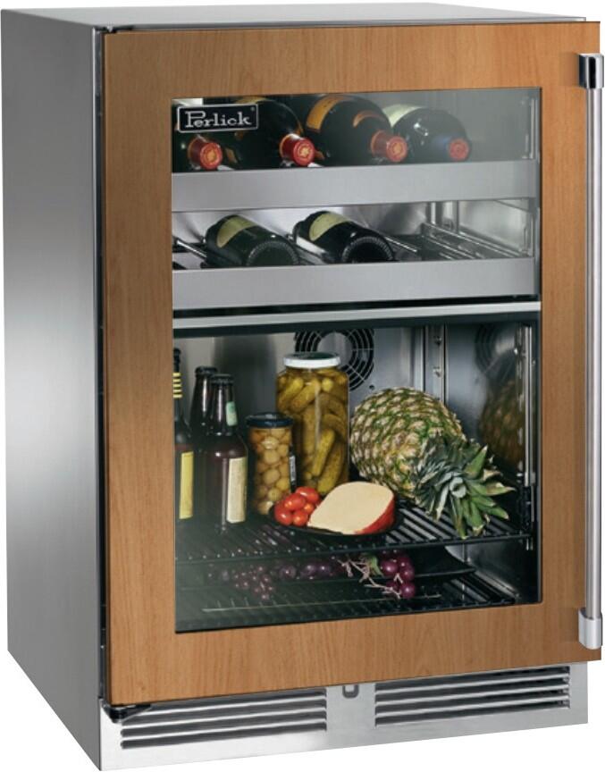 Perlick built-in beverage center with wood frame glass door and lit bottle shelves