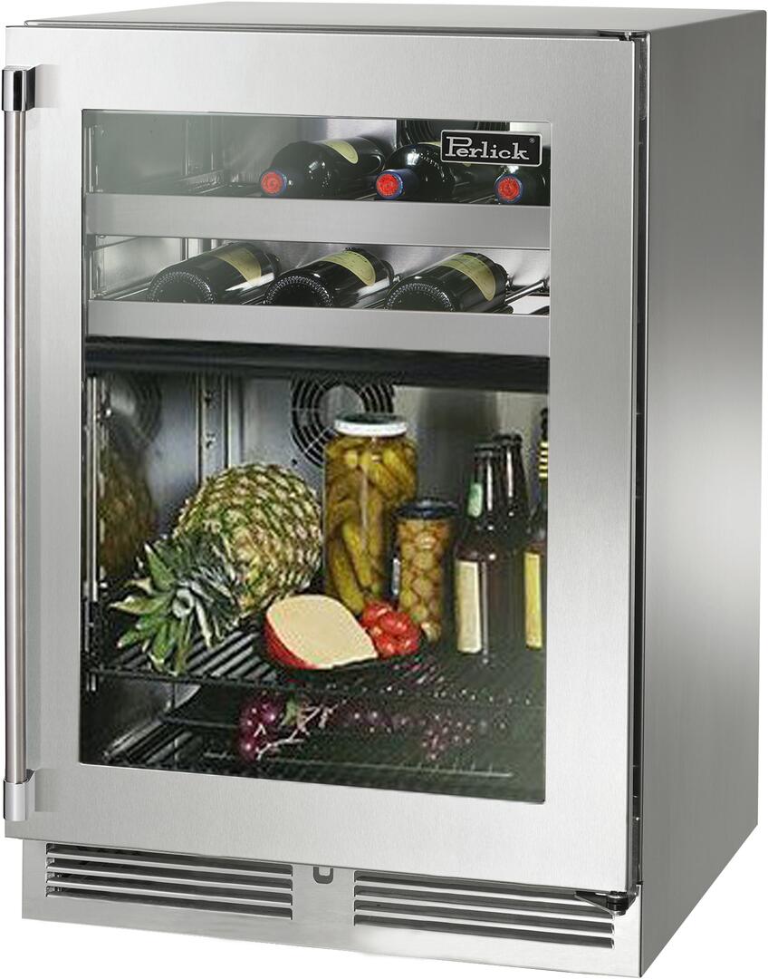 Stainless steel beverage center with glass door, visible wine and jar storage inside.