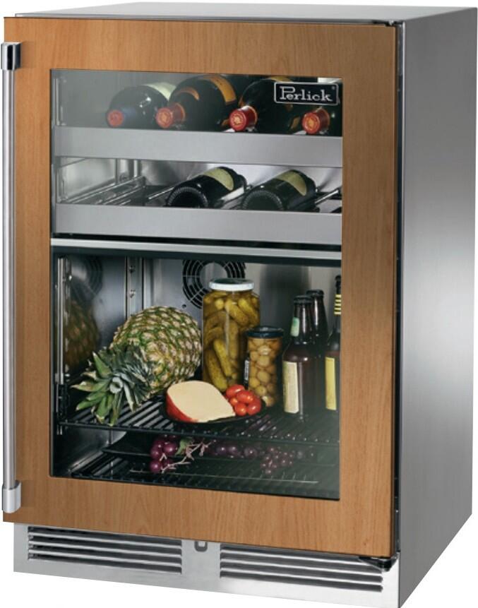 Perlick beverage center with front glass door, wood paneling, and base vent grilles