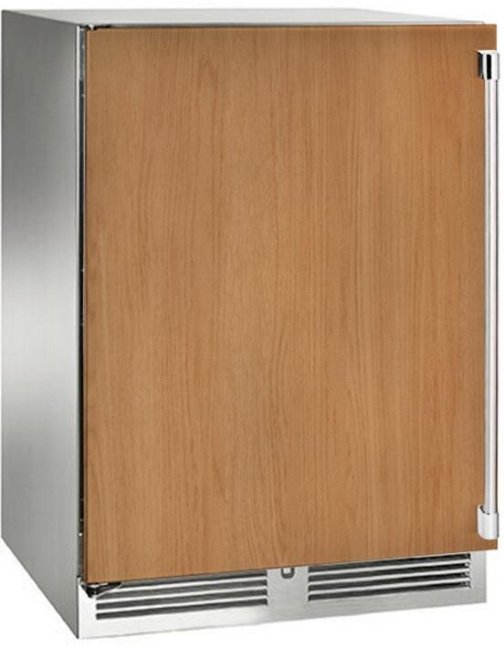 Built-in beverage center cabinet with wood-look panel door and bottom ventilation grilles