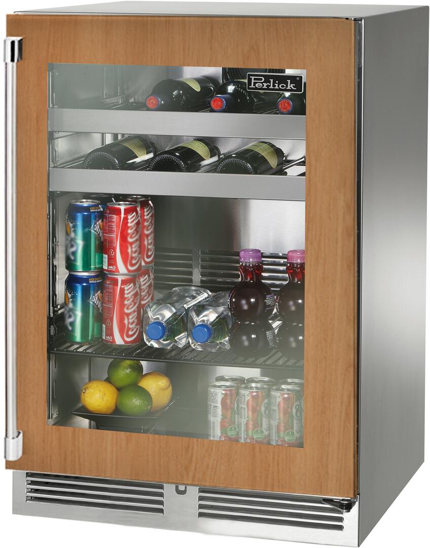 Perlick built-in beverage center with glass door and wood panel, stocked with bottles, cans