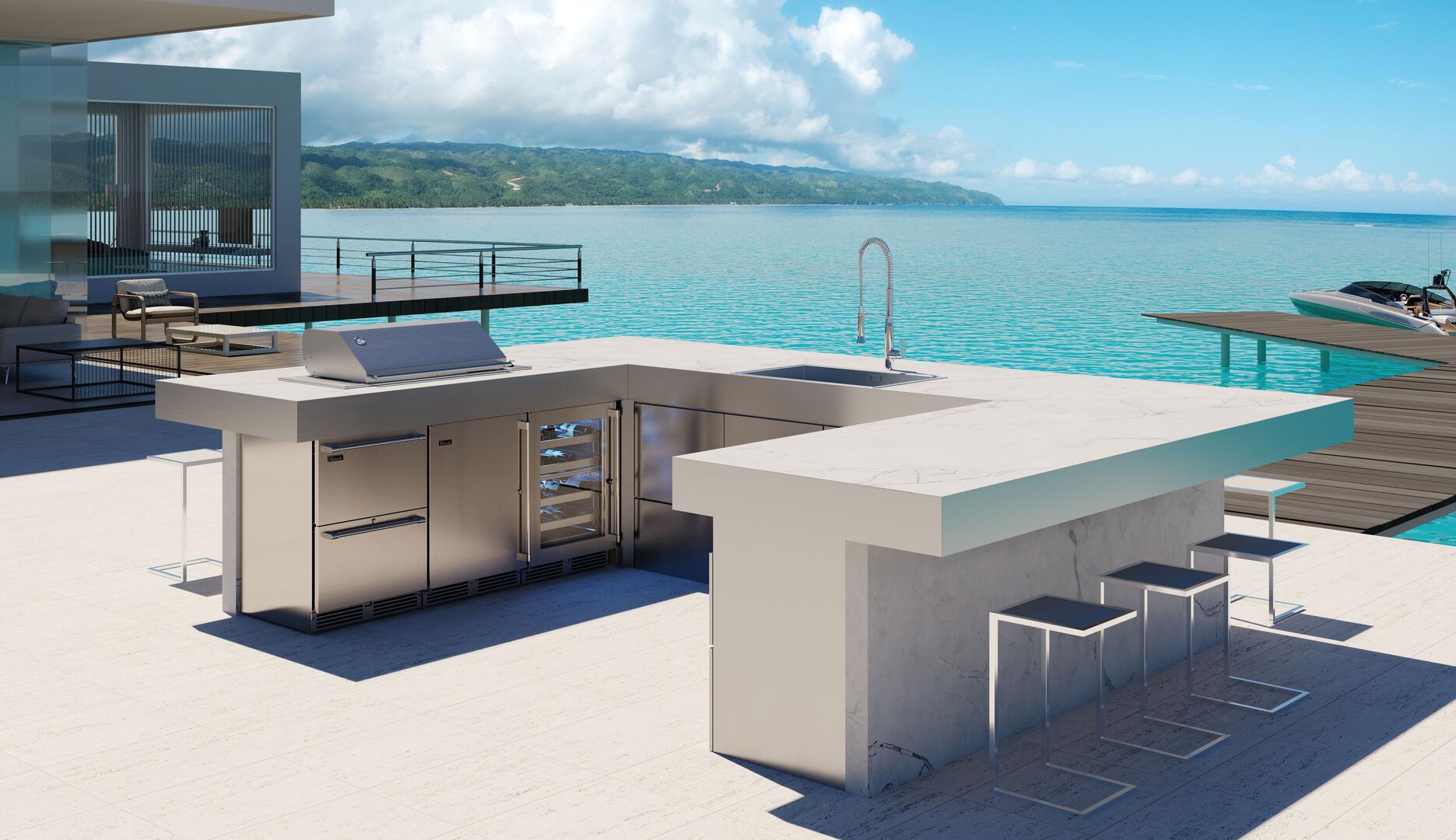 Perlick stainless steel compact freezer in outdoor kitchen with front door handle and vent grille