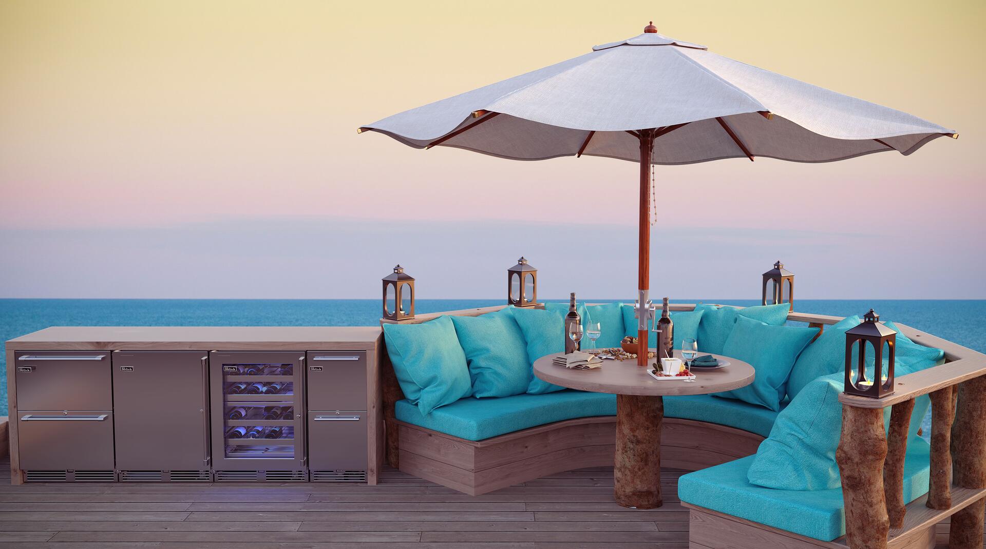 Perlick stainless steel compact freezer built into outdoor kitchen island with single door