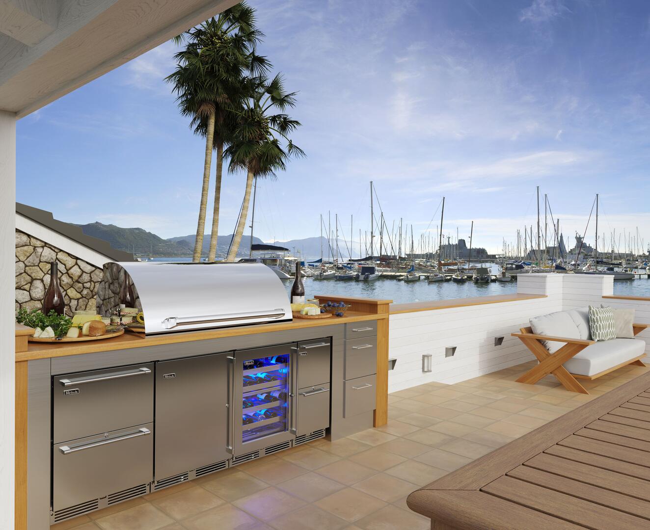 Perlick stainless steel compact freezer, built-in outdoor unit with door and blue interior light