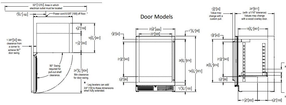 Technical drawing of refrigerator door models with measurements and hinge swing notes