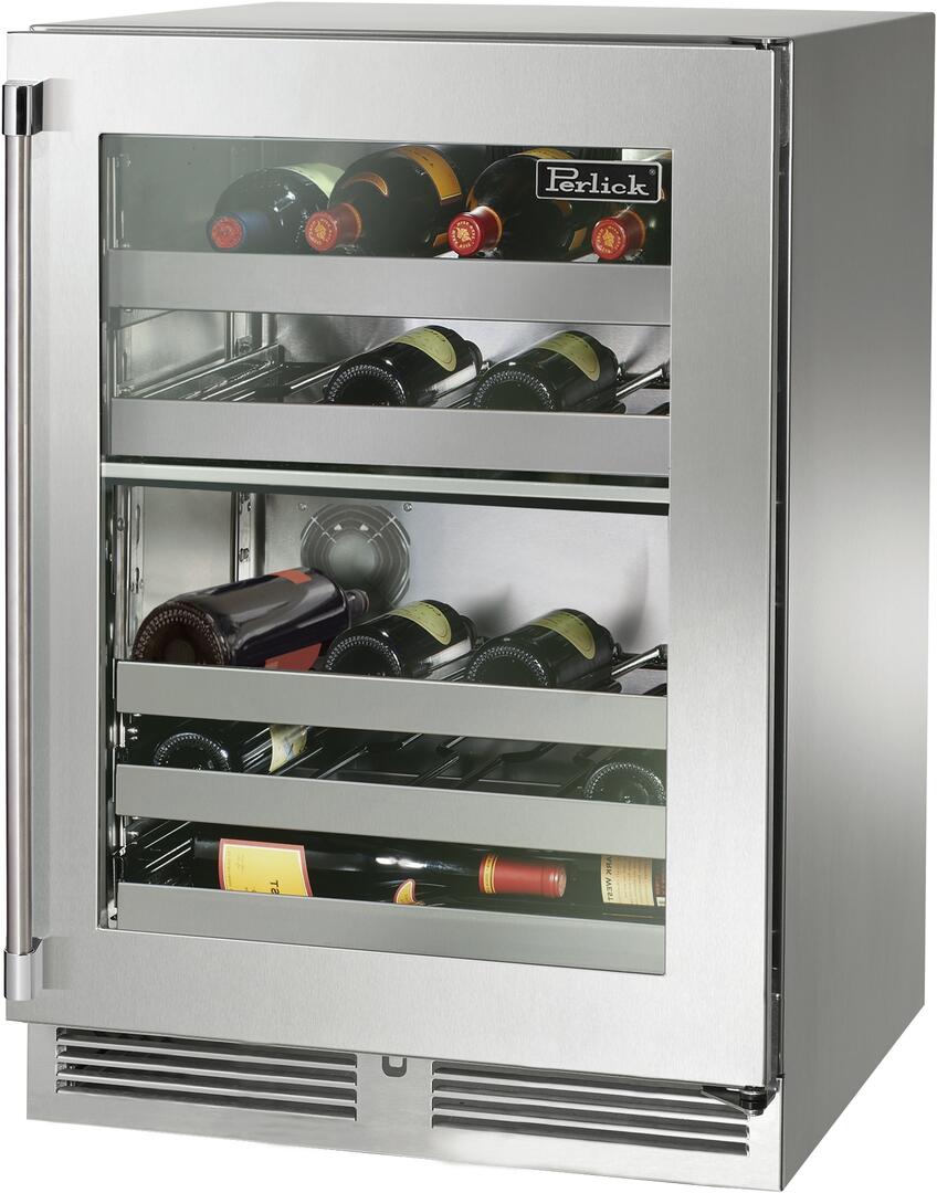 Stainless steel wine cooler with glass door and visible bottle racks