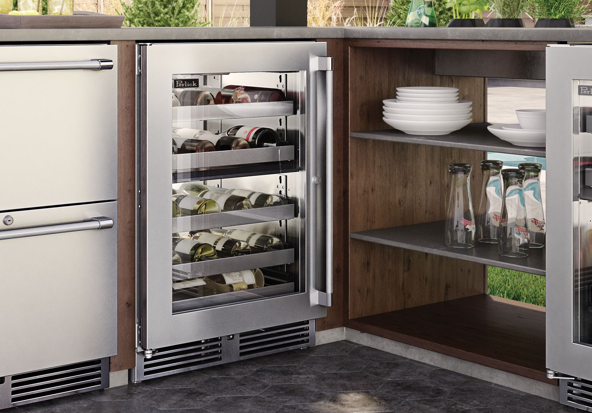 Built-in stainless wine cooler with open glass door showing storage racks
