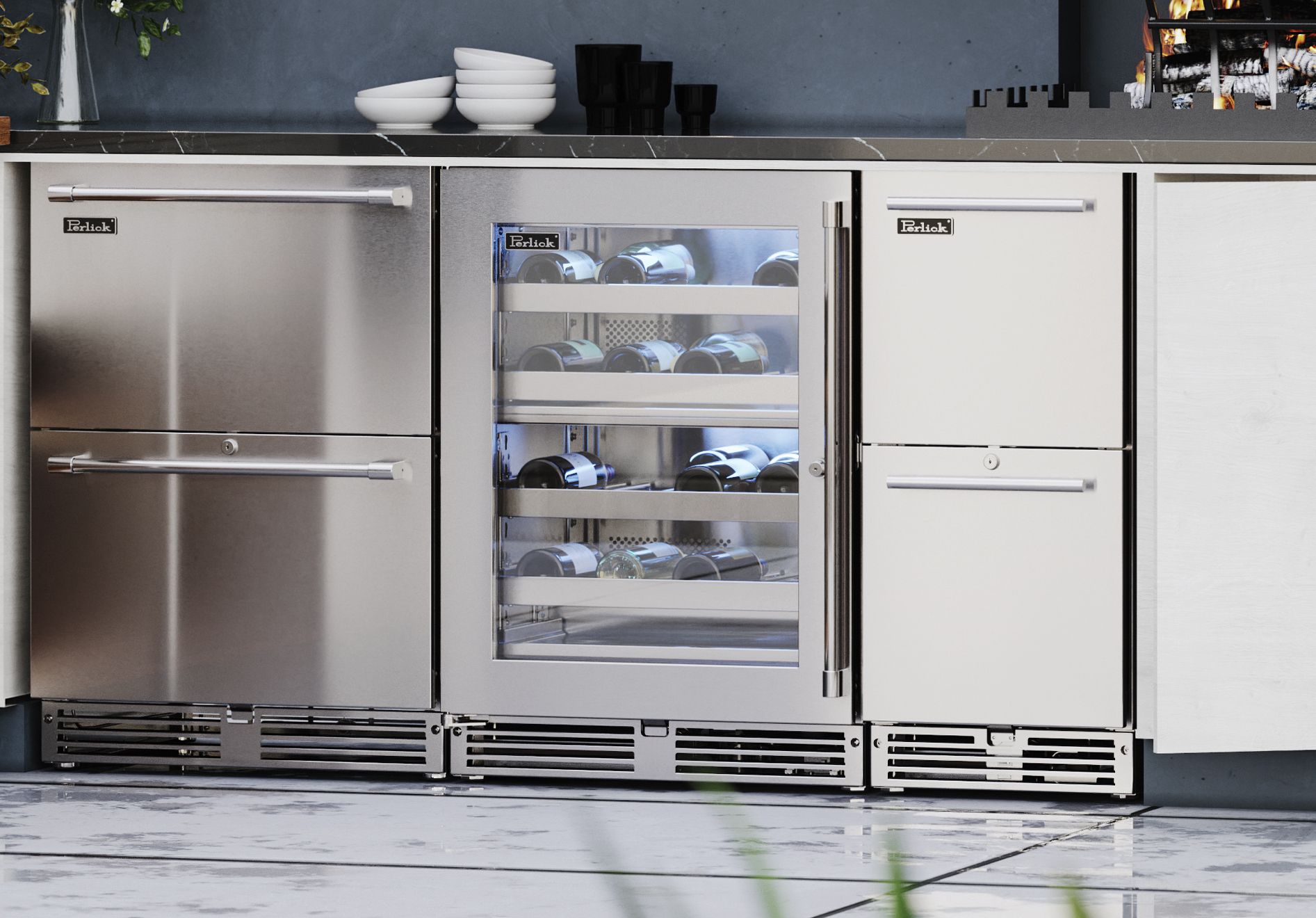 Stainless built-in wine cooler with glass door installed in cabinetry