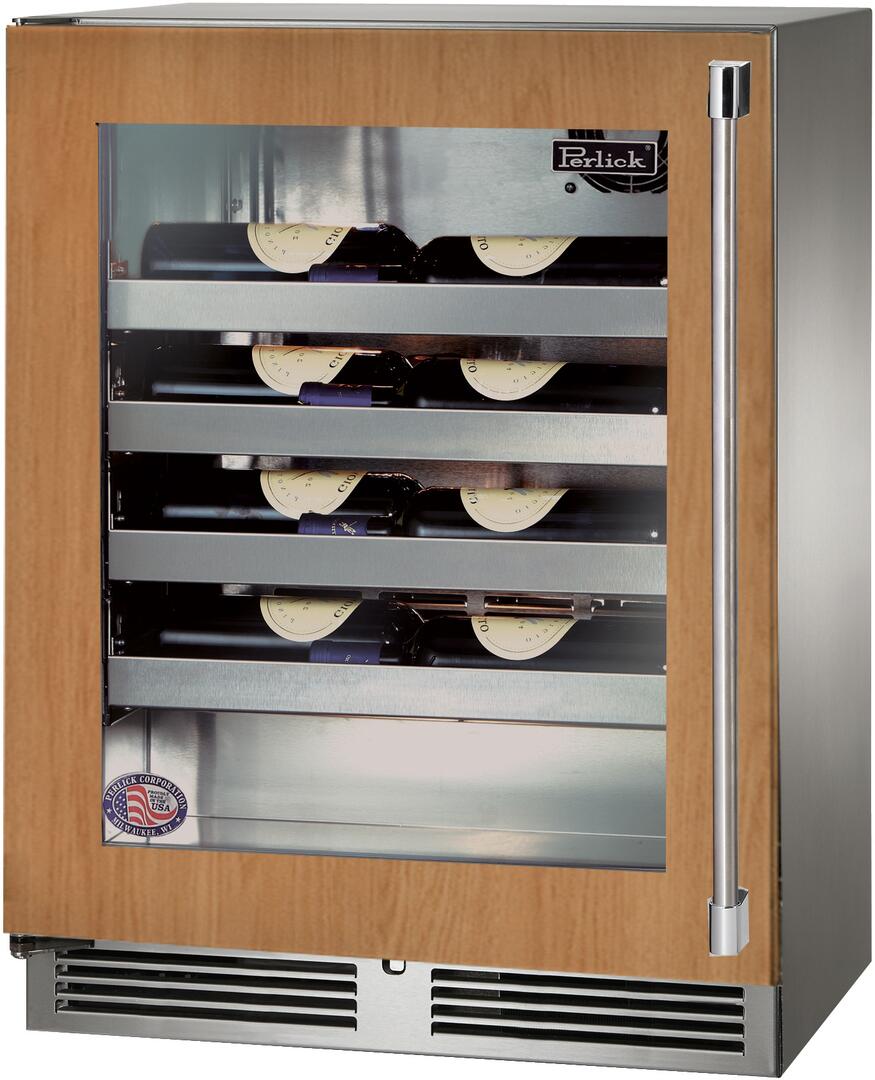 Built-in wine cooler with wood panel, glass door, and stacked wine bottles