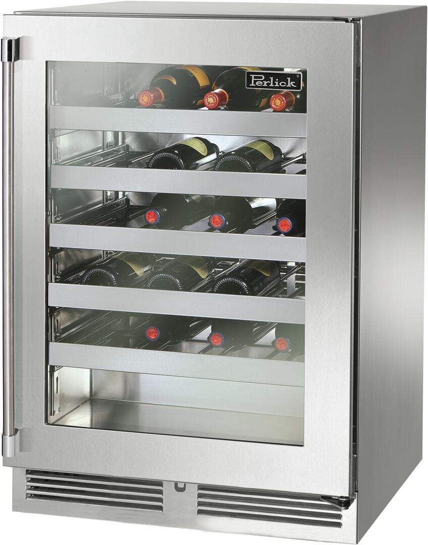 Stainless steel built-in wine cooler with glass door and multi-shelf bottle display