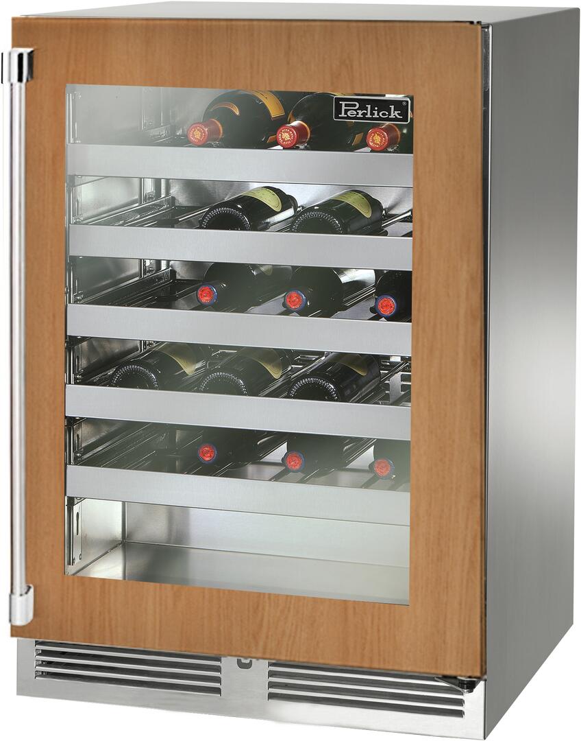 Built-in wine cooler with wood door, clear glass, stainless racks and bottom vent grille