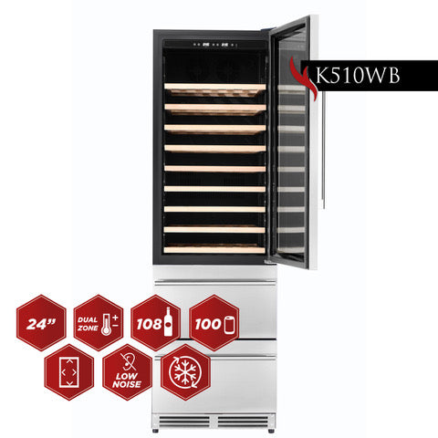 Dual-zone wine cooler with open door, digital controls, and model K510WB