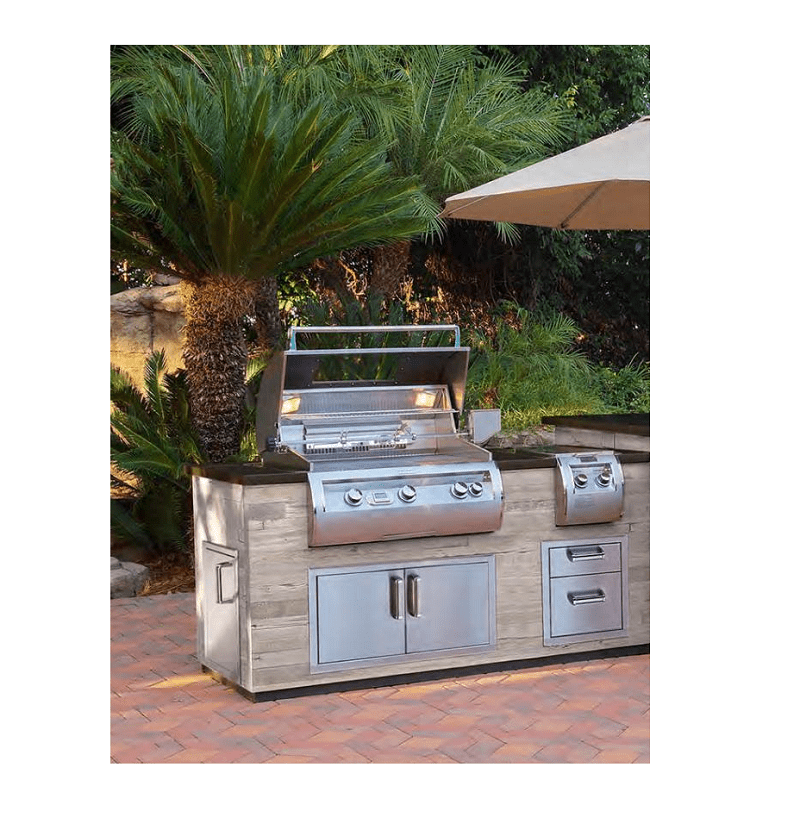 Reclaimed wood outdoor grill island with stainless grill body, side control panel, and drawers