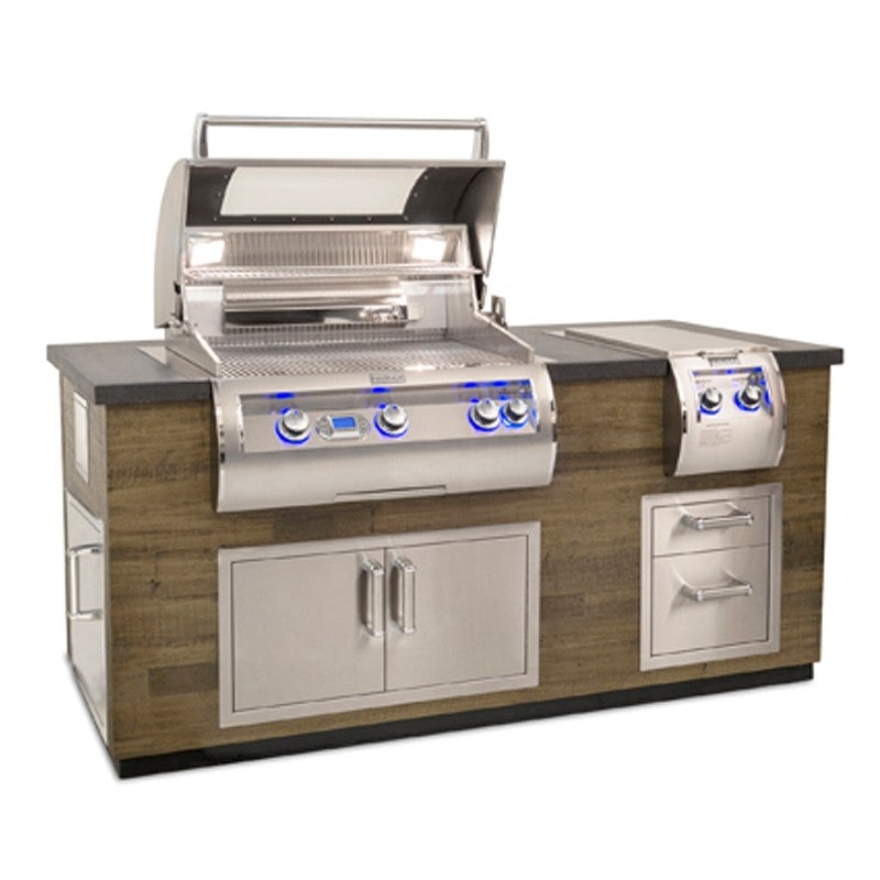 Reclaimed wood outdoor grill island with open hood, stainless burners, and blue control knobs