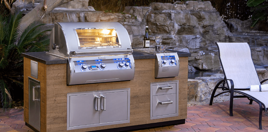 Island grill with reclaimed wood cabinet, side shelf and condiment tray, hood open