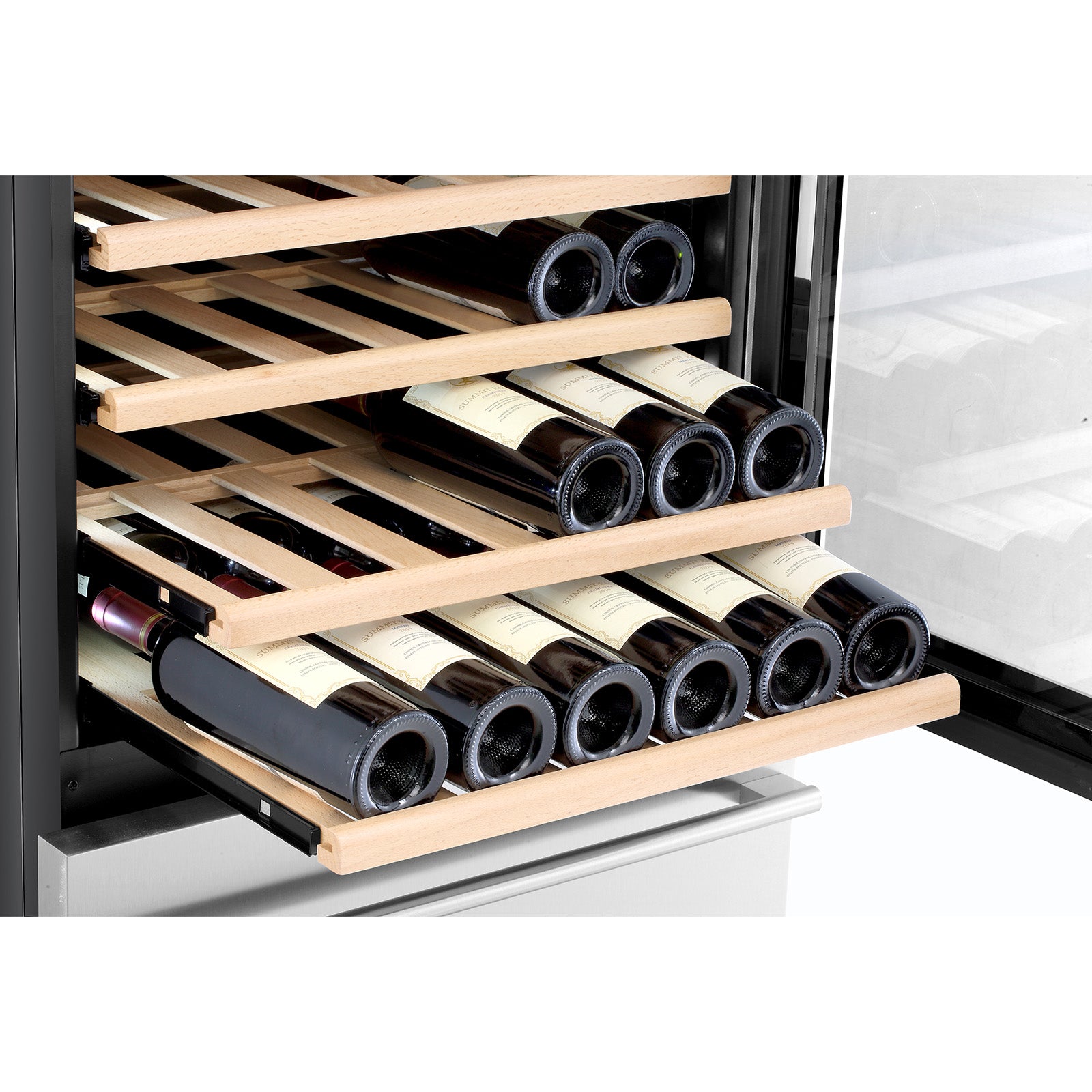 Wine cooler interior with wooden shelves holding bottles in dual compartments