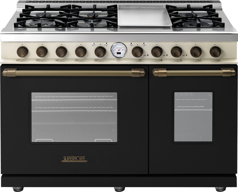 Superiore Deco 48-Inch Dual Fuel Double Oven Freestanding Range in Black and Cream Matte with Bronze Trim (RD482SCNCB_)