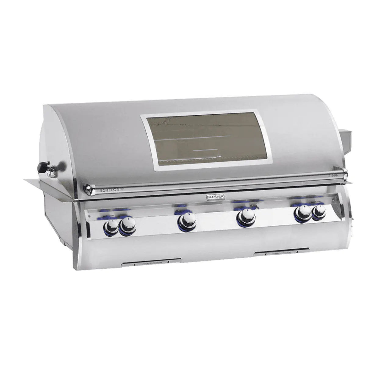 Built-in stainless steel gas grill with glass lid window and control knobs
