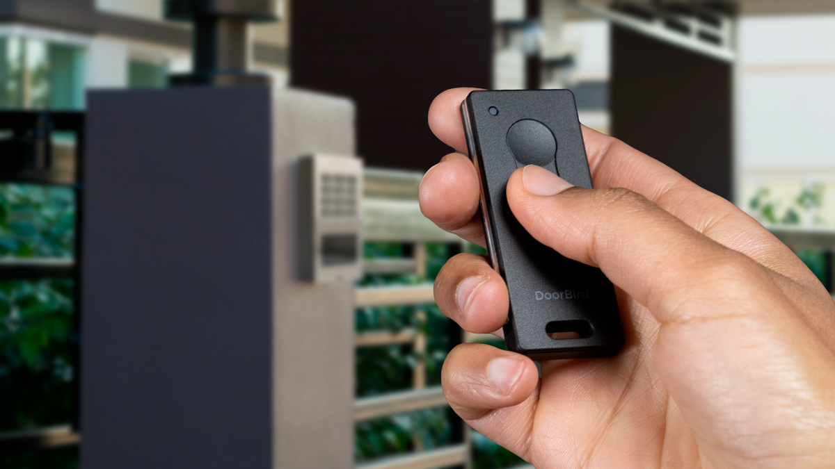 Hand holding dark gray key fob remote with two-button layout