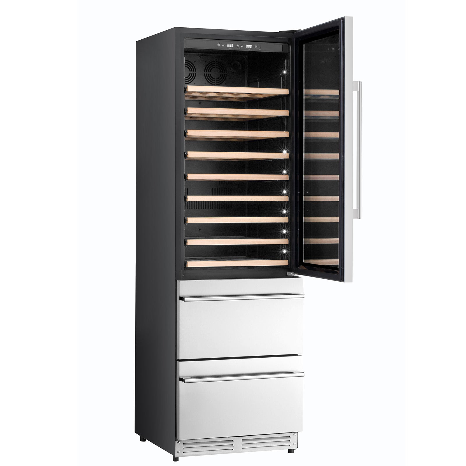 Dual-zone wine cooler with open glass door, black exterior, and wooden bottle racks