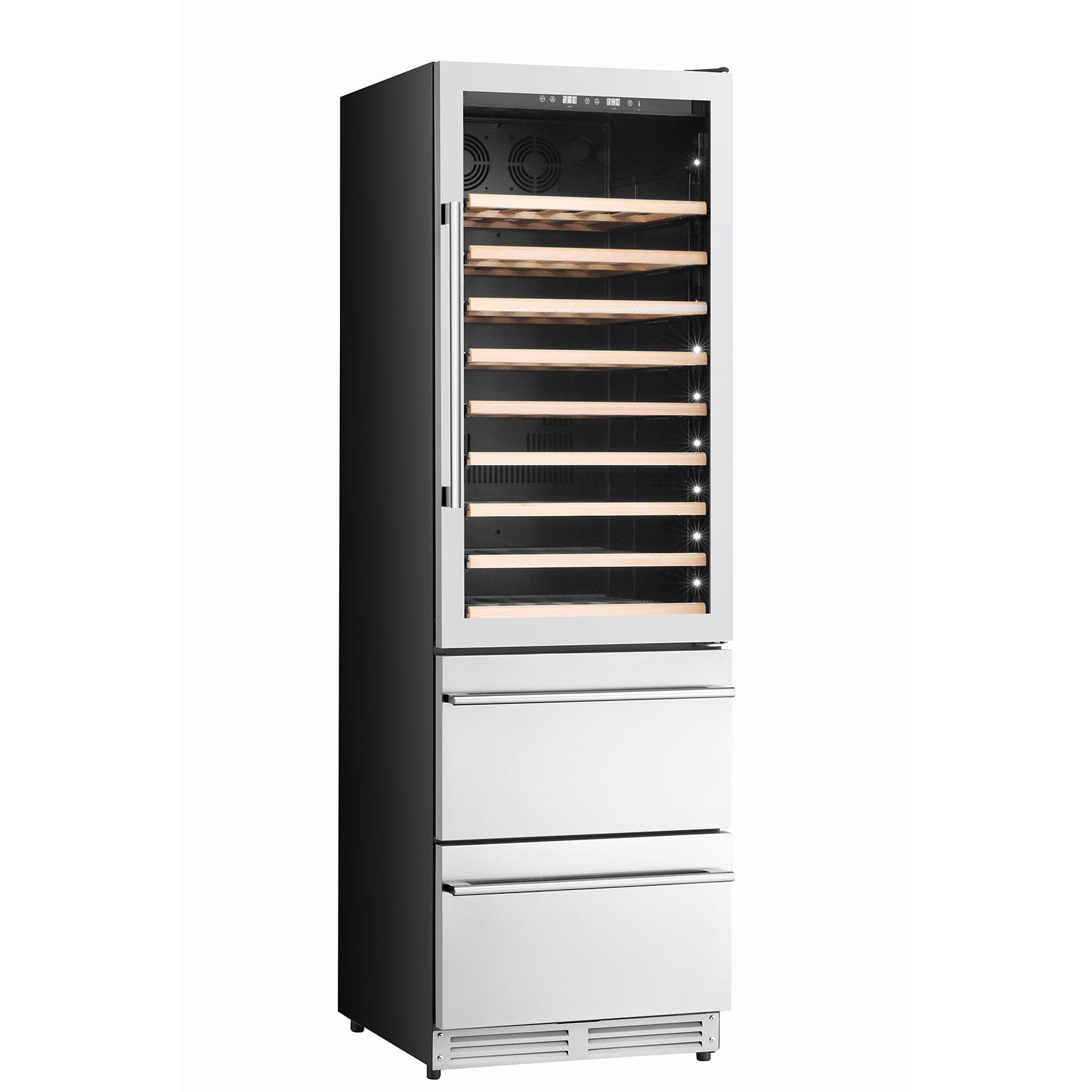 Freestanding dual-zone wine cooler in black and white with glass-front door
