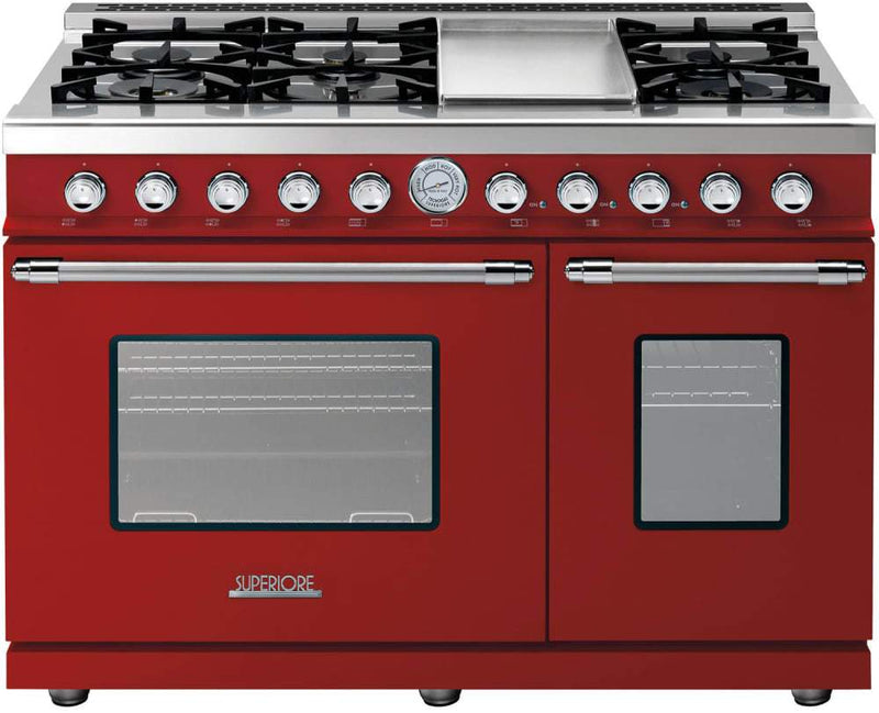 Superiore Deco 48" Gas Double Oven Freestanding Range in Red Matte with Chrome Trim (RD482GCR_C_) Ranges Superiore 