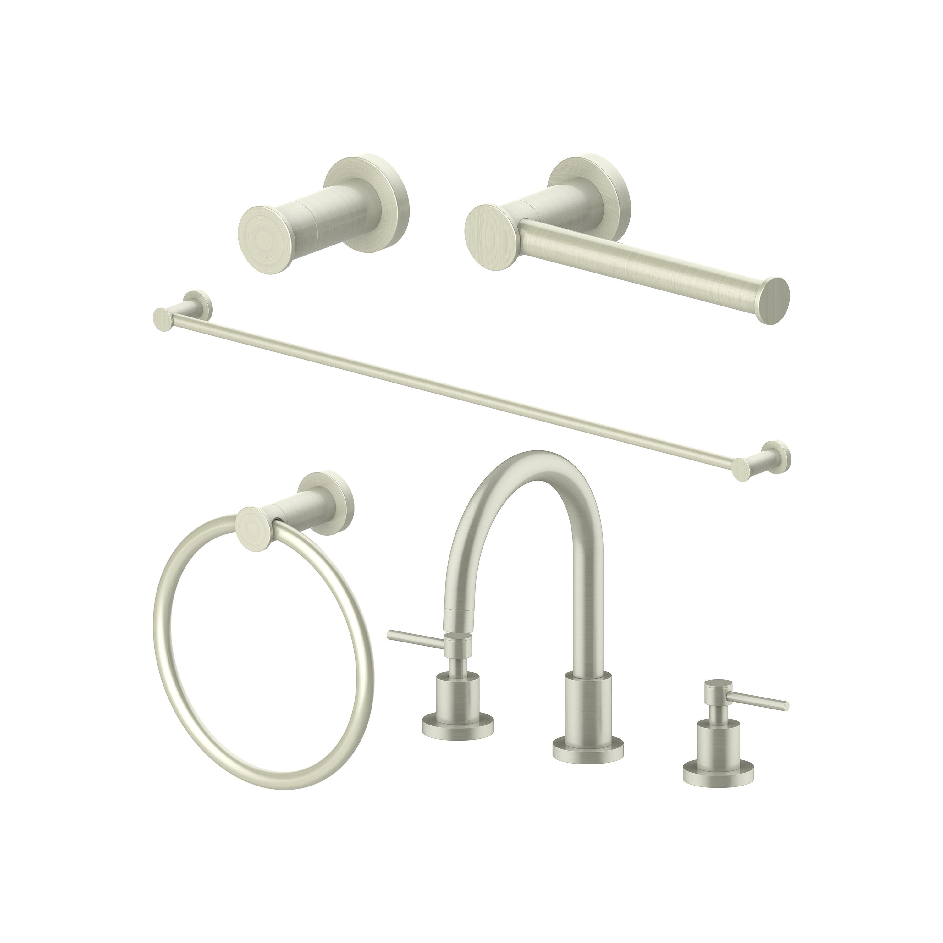 Brushed nickel bathroom accessory set: towel rails, towel ring, and mounted hooks