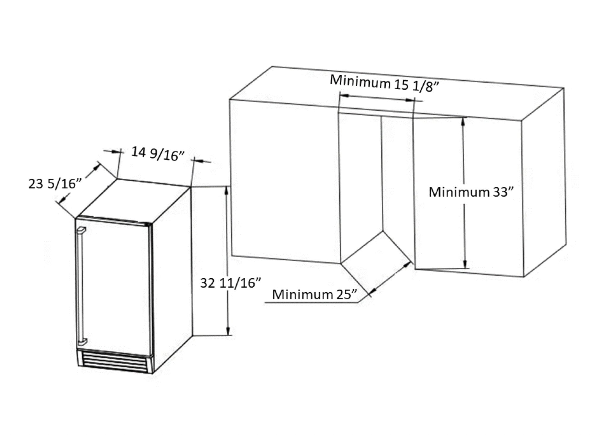 Ice maker installation clearance diagram showing minimum 25" and 33" dimensions