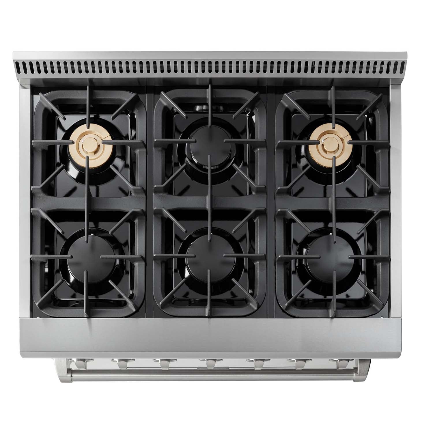 Stainless steel cooktop with six black gas burners and metal grates