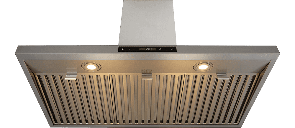 Stainless steel wall hood underside with lit rings and vent louvers