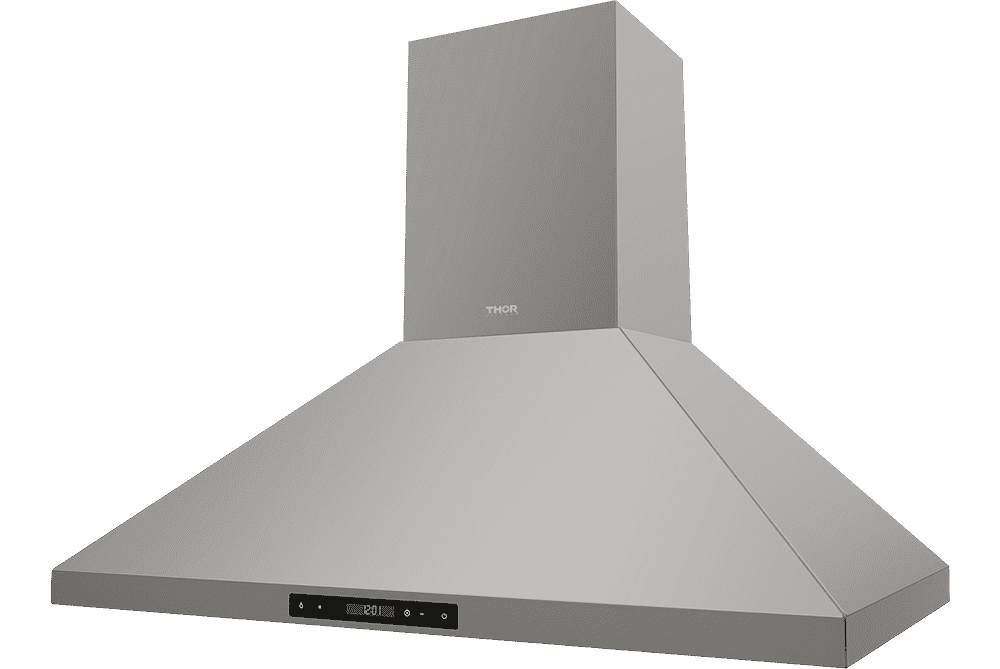 Stainless steel wall hood with tall duct chimney and control strip