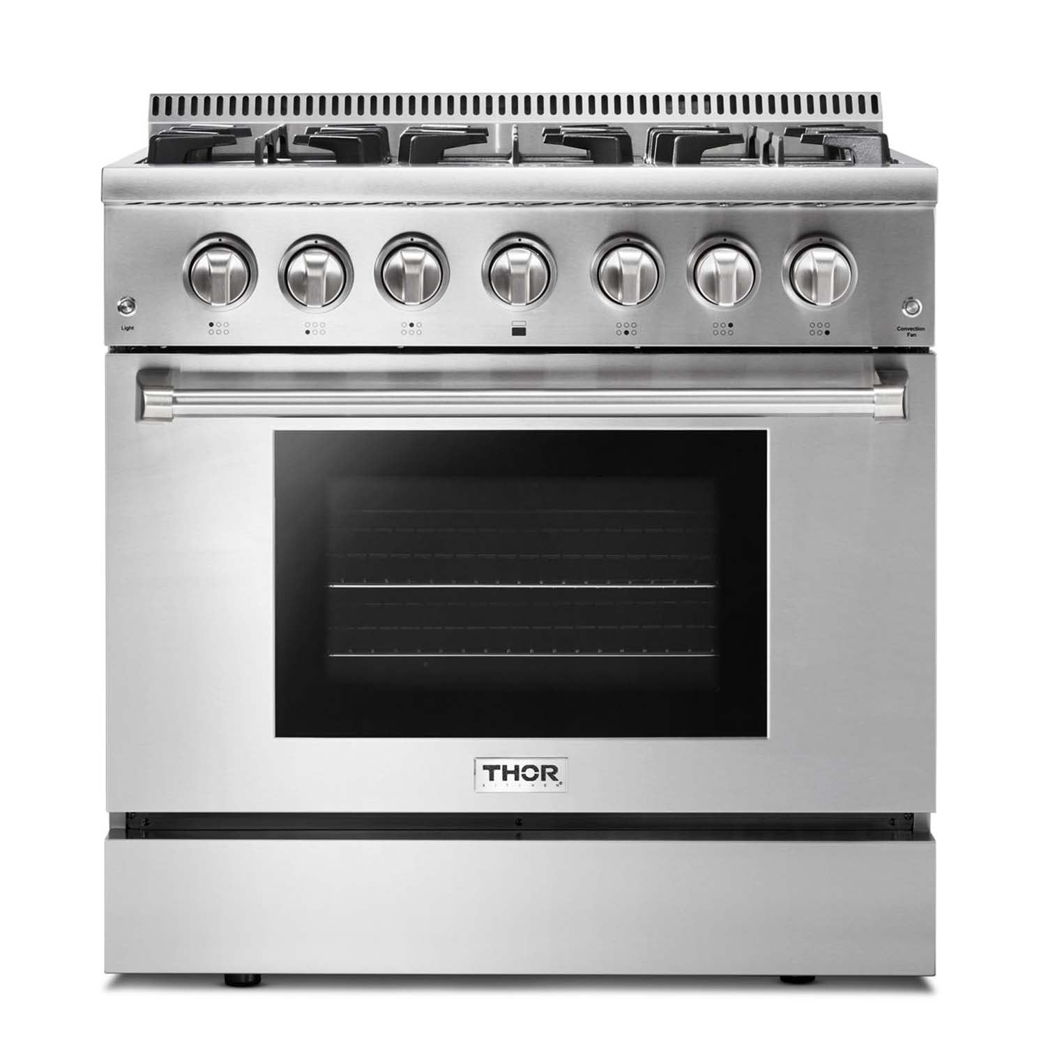Thor stainless steel dual fuel range with front knobs and dark oven window
