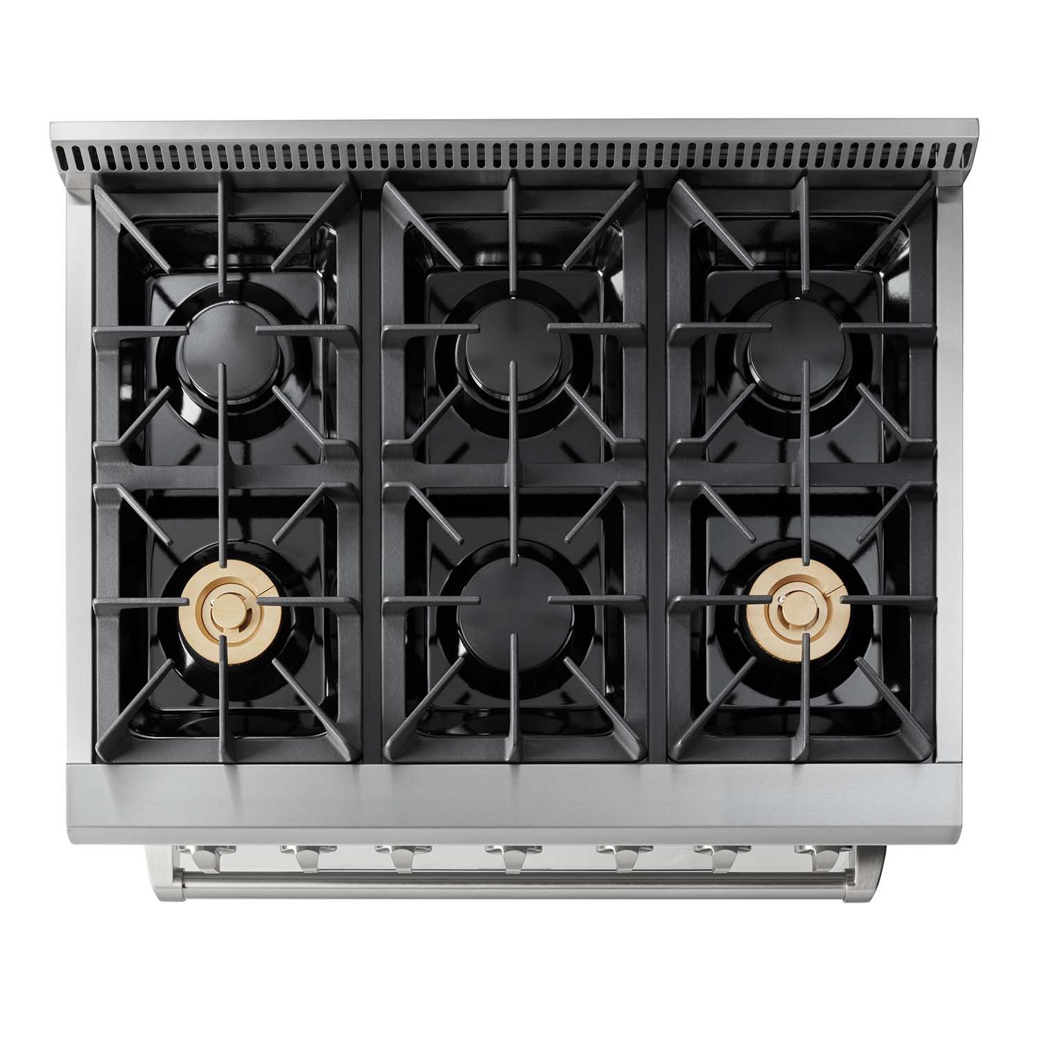 Gas range cooktop with black grates and circular burners in stainless steel