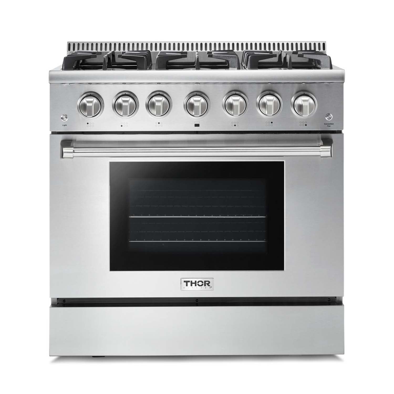 Thor stainless steel gas range front view with burner grates and oven window