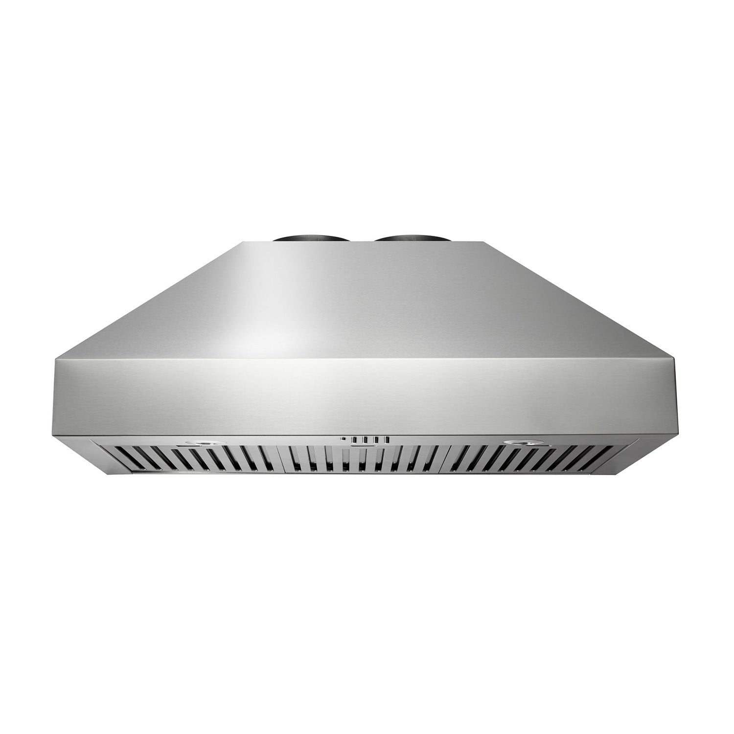 Stainless steel range hood front with vent grille and top filter openings