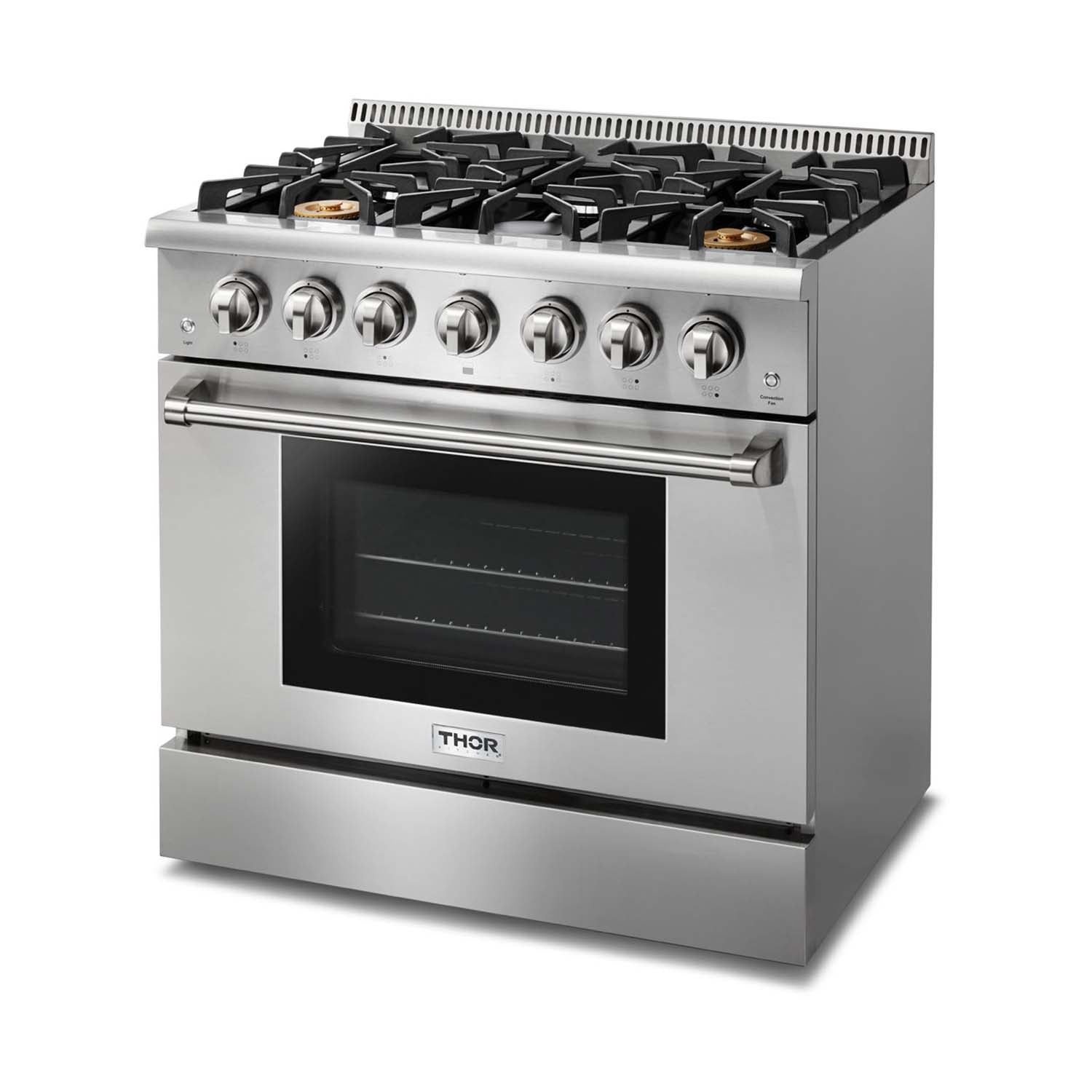 Stainless steel gas range with cooktop burners and oven door with dark glass window