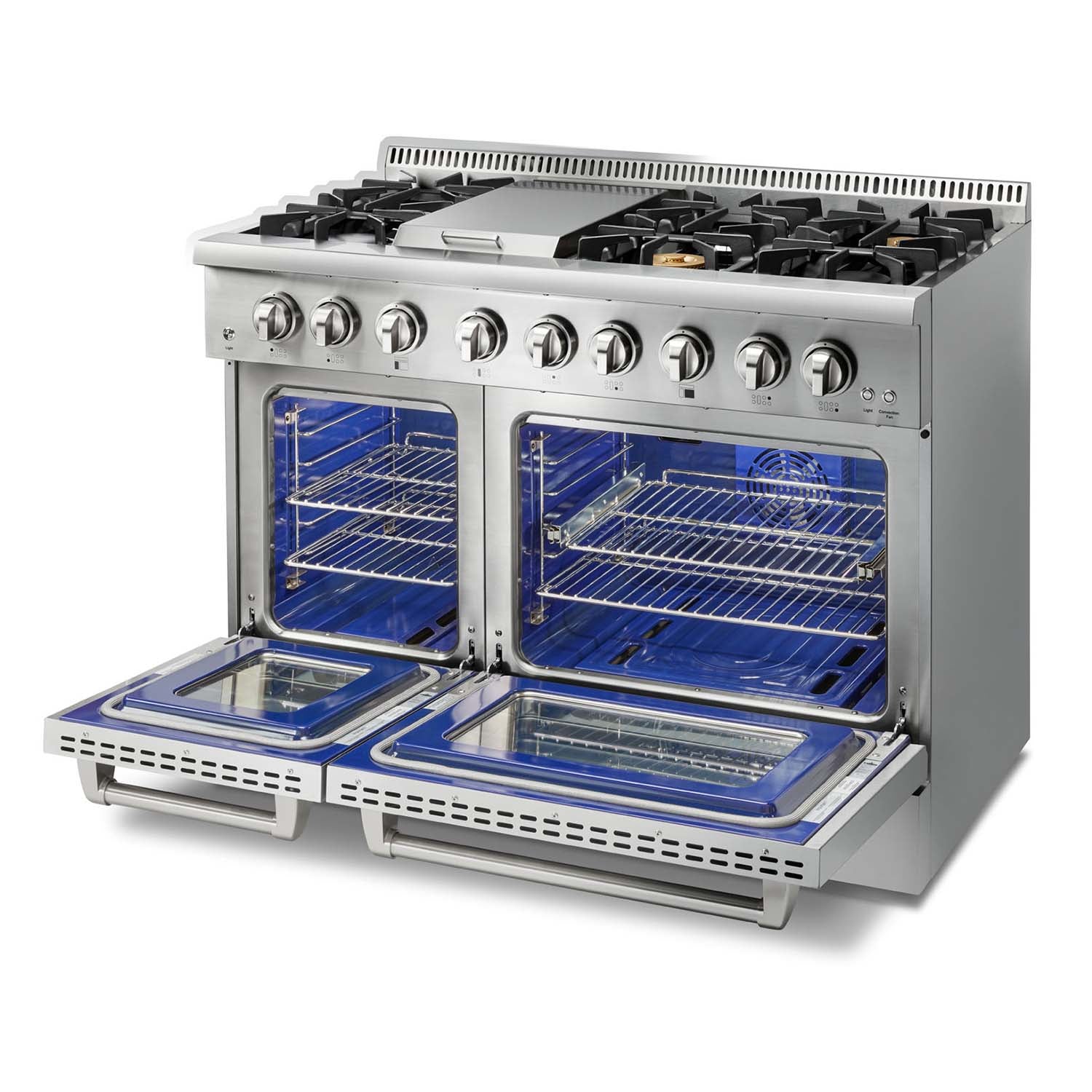 Stainless steel dual fuel range with two open oven doors and top burner grates