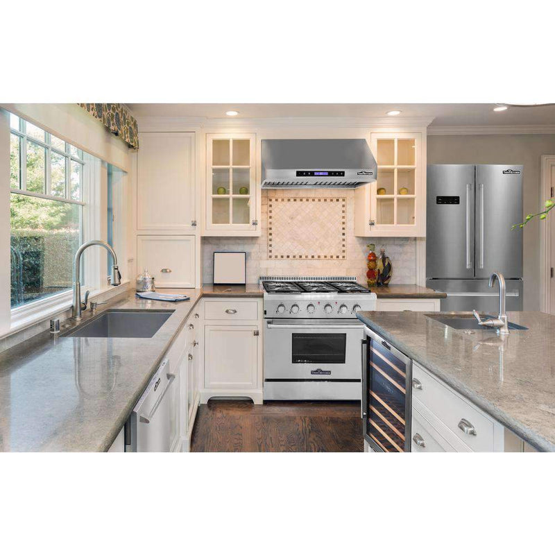 Thor Kitchen A-Series 4-Piece Appliance Package - 48-Inch Gas Range, Under Cabinet Range Hood, Refrigerator with Water Dispenser, and Dishwasher in Stainless Steel