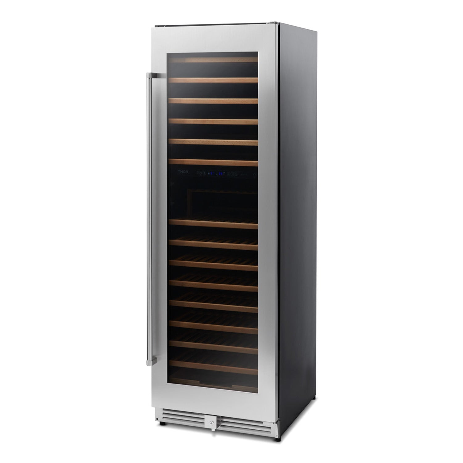 Freestanding stainless steel wine cooler with glass door, wood racks, and amber interior light